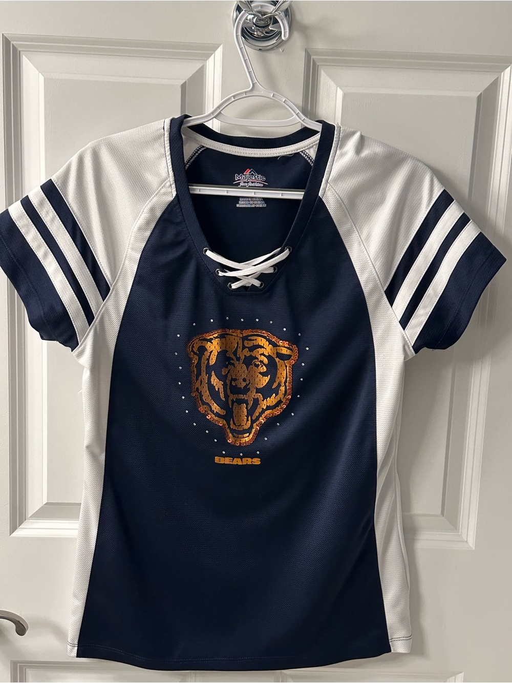 Majestic Navy & White Lace-Up Chicago Bears Tee with Gold Logo
